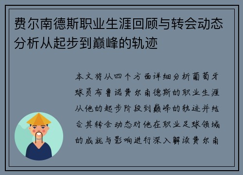 费尔南德斯职业生涯回顾与转会动态分析从起步到巅峰的轨迹