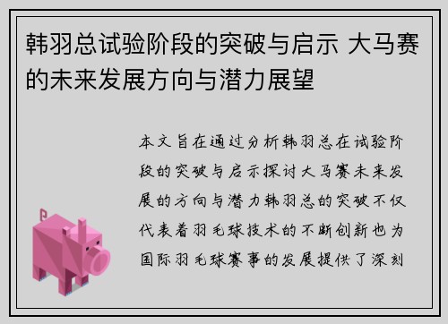 韩羽总试验阶段的突破与启示 大马赛的未来发展方向与潜力展望