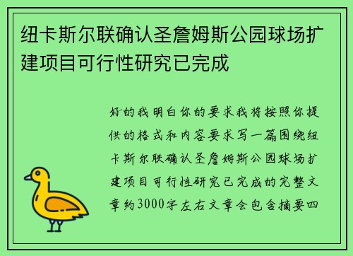 纽卡斯尔联确认圣詹姆斯公园球场扩建项目可行性研究已完成