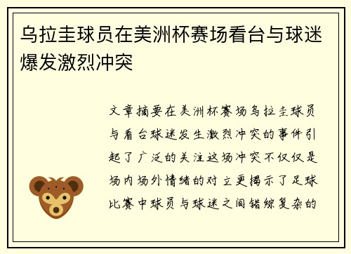 乌拉圭球员在美洲杯赛场看台与球迷爆发激烈冲突