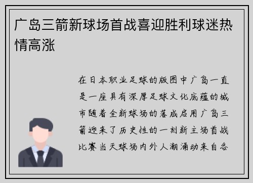 广岛三箭新球场首战喜迎胜利球迷热情高涨 广岛三箭新球场首战喜迎胜利球迷热情高涨